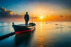 un hombre en pie en el arco de un barco a puesta de sol. generado por ai foto