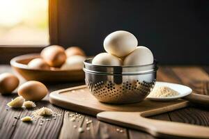 eggs in a strainer on a wooden table. AI-Generated photo