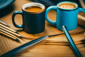 two coffee cups and a knife on a table. AI-Generated photo