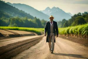 a man in a suit and hat walking down a dirt road. AI-Generated photo