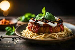 a plate of spaghetti with meatballs and sauce. AI-Generated photo