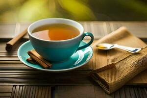 un taza de té con canela y canela palos en un de madera mesa. generado por ai foto