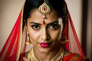 a beautiful indian woman wearing a red sari. AI-Generated photo