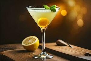 a cocktail with lemon and mint on a wooden table. AI-Generated photo