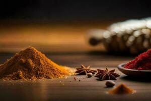 spices and spices on a wooden table. AI-Generated photo