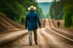 un hombre en un traje y sombrero camina abajo un suciedad la carretera. generado por ai foto