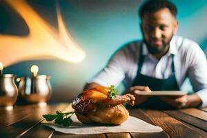 a man in an apron is using a tablet while sitting at a table with a roasted chicken. AI-Generated photo