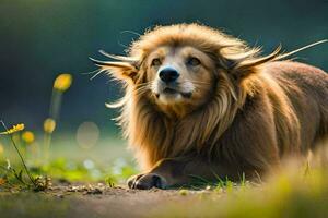 a lion with long hair sitting on the ground. AI-Generated photo