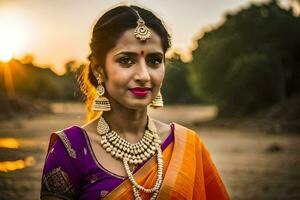 un hermosa indio mujer en un naranja sari. generado por ai foto