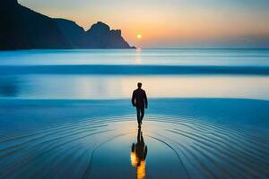 un hombre caminando en el playa a puesta de sol. generado por ai foto