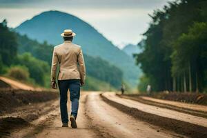 a man in a suit and hat walking down a dirt road. AI-Generated photo