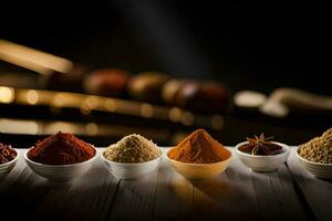 a variety of spices in bowls. AI-Generated photo