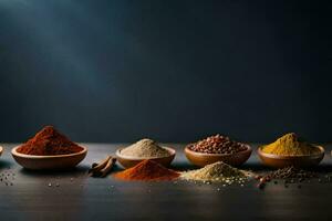 various spices in bowls on a dark background. AI-Generated photo
