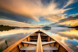 un canoa es flotante en el agua a puesta de sol. generado por ai foto