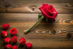 red roses on a wooden table. AI-Generated photo