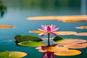 un rosado loto flor es flotante en el agua. generado por ai foto