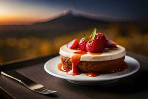 el postre es en un plato con un tenedor y un cuchillo. generado por ai foto