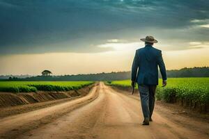 a man in a suit and hat walks down a dirt road. AI-Generated photo