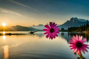 two pink flowers are sitting on the shore of a lake with mountains in the background. AI-Generated photo