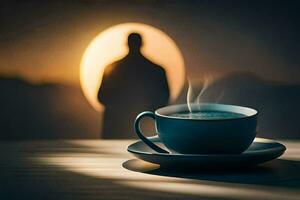 a cup of coffee with a silhouette of a person in the background. AI-Generated photo