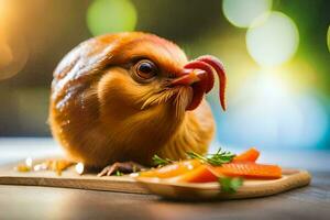 a chicken is sitting on a cutting board with carrots. AI-Generated photo