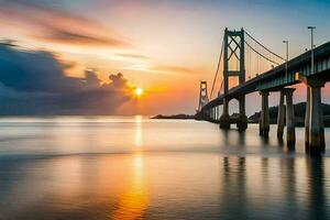 the sun is setting over a bridge in the ocean. AI-Generated photo