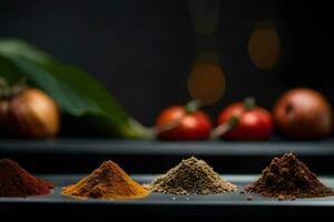 a variety of spices are shown on a tray. AI-Generated photo