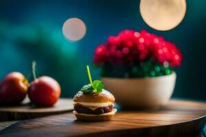 a small hamburger on a wooden table with apples and flowers. AI-Generated photo