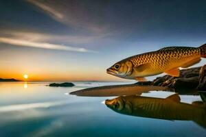 un pescado es reflejado en el agua a puesta de sol. generado por ai foto