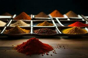 a variety of spices in bowls on a table. AI-Generated photo