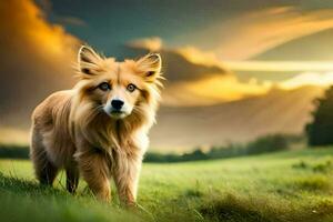 a dog is standing in the grass at sunset. AI-Generated photo