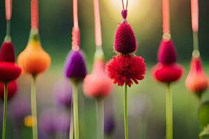 colorful flowers hanging from strings in the sun. AI-Generated photo