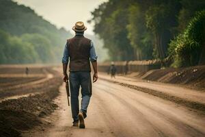 un hombre caminando abajo un suciedad la carretera con un sombrero y chaleco. generado por ai foto