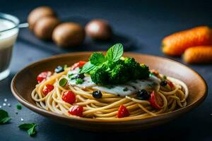 spaghetti with broccoli and tomatoes in a bowl. AI-Generated photo