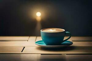 a cup of coffee on a wooden table with a light behind it. AI-Generated photo