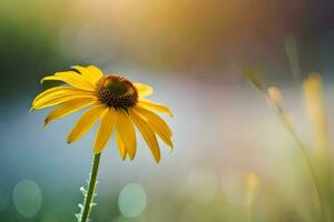 a single yellow flower is standing in the grass. AI-Generated photo