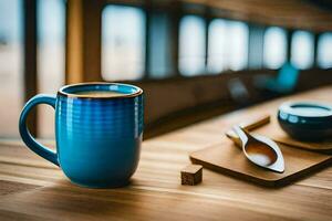 a blue cup of coffee on a wooden table. AI-Generated photo