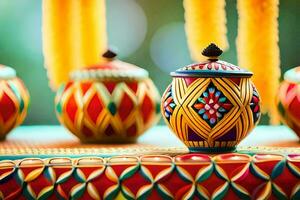 colorful decorative pots on a table with colorful decorations. AI-Generated photo