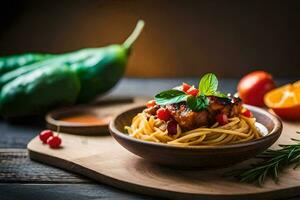 spaghetti with meat and vegetables on a wooden table. AI-Generated photo