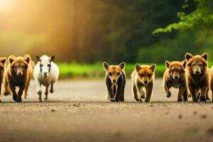 a group of small dogs running down a road. AI-Generated photo