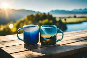 dos tazas en un de madera mesa con montañas en el antecedentes. generado por ai foto