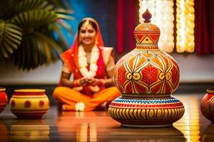 a woman in traditional indian dress sits in front of a colorful pot. AI-Generated photo