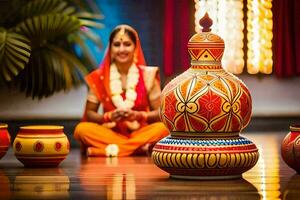 a woman in traditional indian dress sits in front of a colorful pot. AI-Generated photo