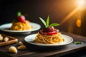 pasta with strawberries and nuts on a wooden table. AI-Generated photo