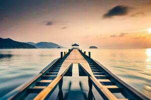 a pier stretching out into the ocean at sunset. AI-Generated photo