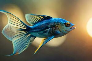 un azul y amarillo pescado con un brillante ligero. generado por ai foto