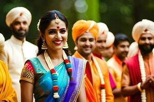 a woman in a colorful sari with her friends. AI-Generated photo