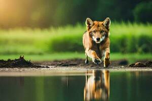 a wolf running across a field with water. AI-Generated photo