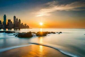 the sun rises over the city skyline in this photo. AI-Generated photo
