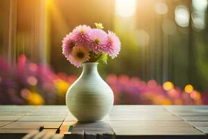 a vase with pink flowers on a table in front of a garden. AI-Generated photo